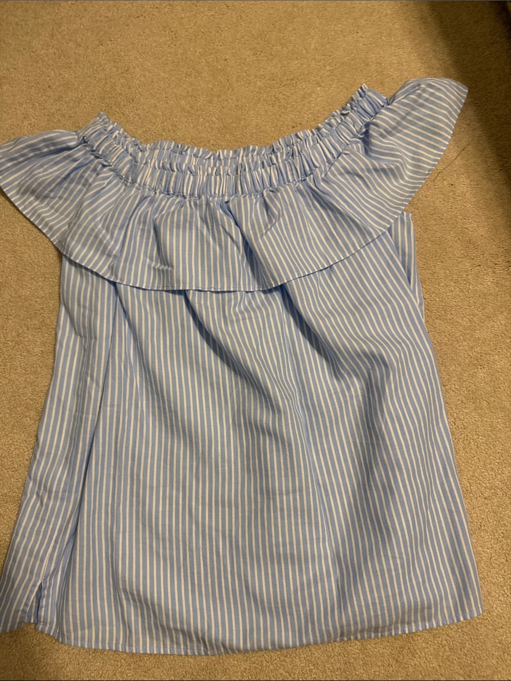 LOFT Blue and White Striped Off-Shoulder Ruffle Top